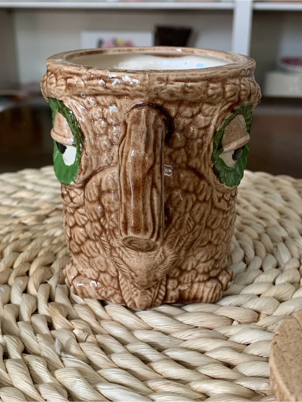 Vintage 70’s Ceramic Double Handled, 2 Sided Sleepy Owl Mug with Lid, 10 oz cup.
